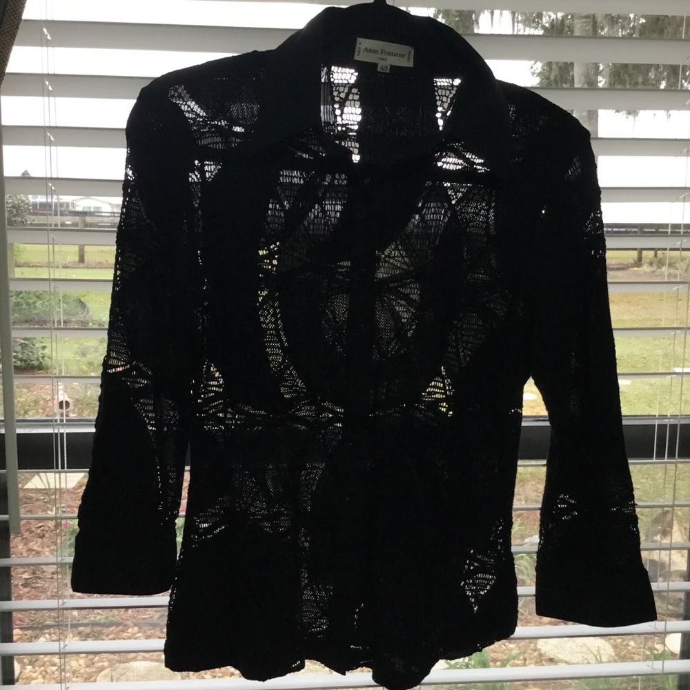 Anne Fontaine Black Unconventional Lace 3/4 Sleeve Button Up Top 40(S)